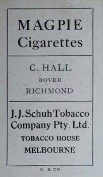 1921 J.J.Schuh Magpie Cigarettes Victorian League Footballers #NNO Clarrie Hall Back